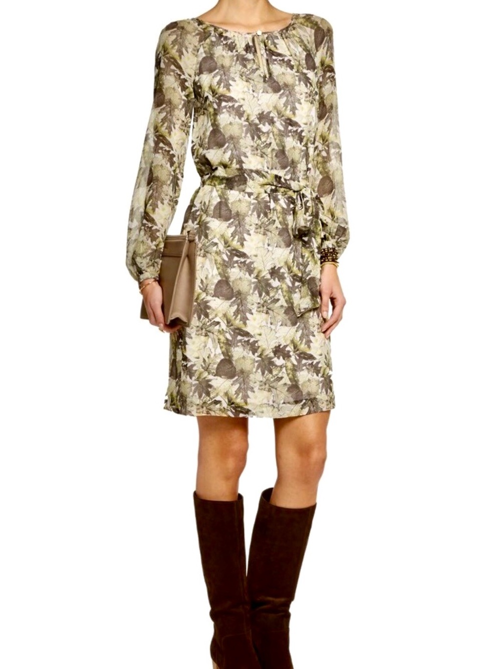 Tory Burch Lisa Silk Olive Cream Leaf Print Long Sleeve Tie floral Dress $425